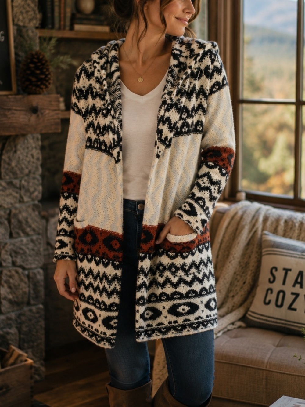 Abercrombie Alpaca Blend Southwest Hooded Cardigan Cozy Cabin Sweater Sz Small